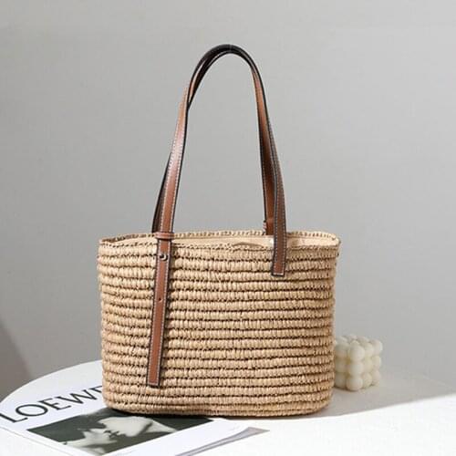 Women Beach Woven Straw Handbag with Adjustable Faux Leather Handle Large Single Shoulder Tote Bag Drawstring Basket