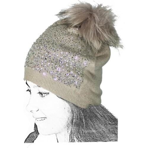 Knitted Hat Woman Beige Wool Strass Pompom Glitter Sparkly Crystals Ball