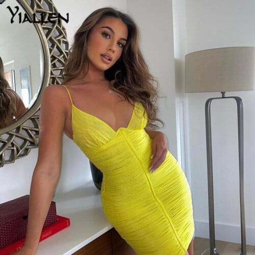 Yiallen Summer Waist Slimming Dress Women Spaghetti Shoulder Strap Folds Dresses Backless Sexy Nightclub Skirt Back Zip Dress