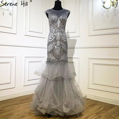 Serene Hill Grey Luxury Beaded Mermaid Evening Gown 2021 Elegant Sleeveless Tiered For Women Formal Party Dress CLA70999