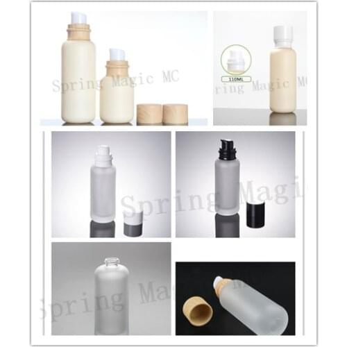 50PCS 110ML Frosted Glass Bottles With Wood Grain/White/Black Lid Portable pump Lotion Glass Bottle Empty Cosmetic Containers