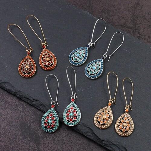 Bohemian Vintage blue stone earring bead Flower Metal drop Earrings Punk Alloy Earring Brincos for Women Jewelry wholesale