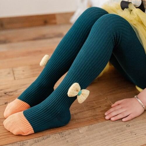 Kids Cotton Ribbed Bow Tights For Children Spring Girls Knitted Pantyhose Toddler Colored Cute Pants Korean Baby Sticky Stocking