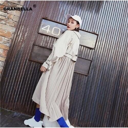 2020 autumn women windbreaker chic long trench coat pleated chiffon splice patchwork overcoat loose outwear with belt TR001