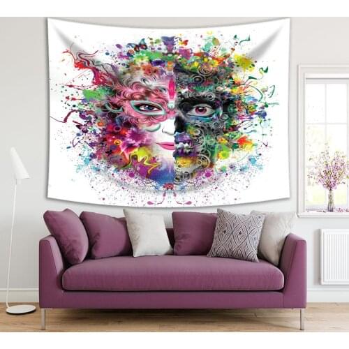 Tapestry Female Face on Colorful Floral Futuristic Background Abstract Artwork Yellow Blue Green