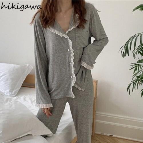 Hikigawa Two Piece Set Pajamas Women Sweet Ruffles Long Sleeve Pantsuirts Home Service Sets Sleepwear Korean Pyjama Pour Femme
