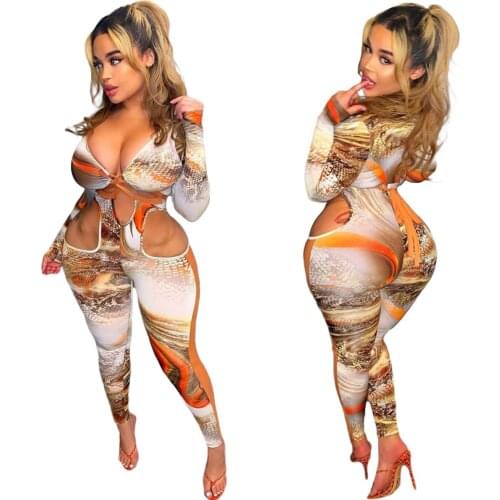 Zoctuo Women Rompers And Jumpsuits Hollow Out Bandage V Neck Jumpsuit For Girls Autumn Sexy Pencil Pant High Street Romper Print