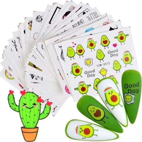 Summer Fruit Avocado Water Decals Love Heart Flower Flamingo Butterfly Designs Nail Stickers Wraps Slider Decoration Manicures