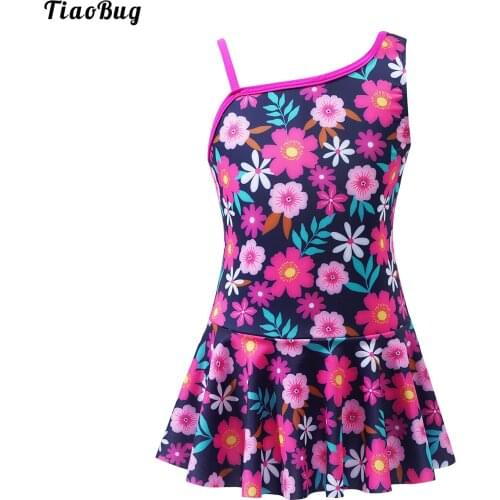 TiaoBug Summer Kid Girl One-Piece Swimwear Asymmetric Shoulder Strap Flower Print Jumpsuit Bodysuit With Ruffle Hem Bikini Dress