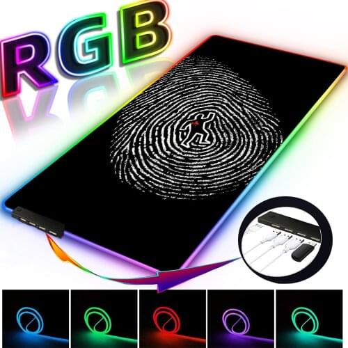 Fingerprint RGB Multifunctional Mouse Pad, 4 USB Ports 14 Kinds of Lighting, Super Thick and Large, LED Backlit Rubber Mouse Pad