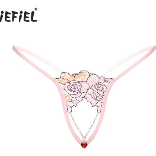 Mens Rhinestone Metal Chain Underpants Pendant Embroidered Thongs Erotic Lingerie T-back Briefs Low Waist Crotchless Underwear