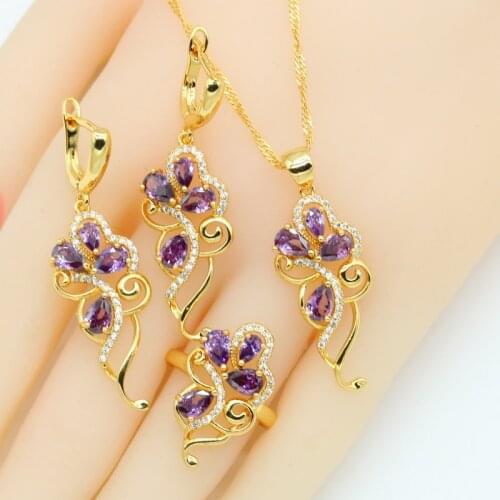 Purple Zirconia Gold Color Jewelry Sets for Women Earrings Necklace Pendant Rings Gift Box Black White Blue Colors