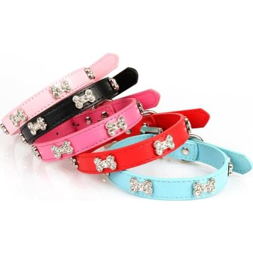 Bling bone Rhinestones Dog Collar pu Leather Adjustable Necklace Pet Dog/cat Collars for Small Medium Dog Pet accessories