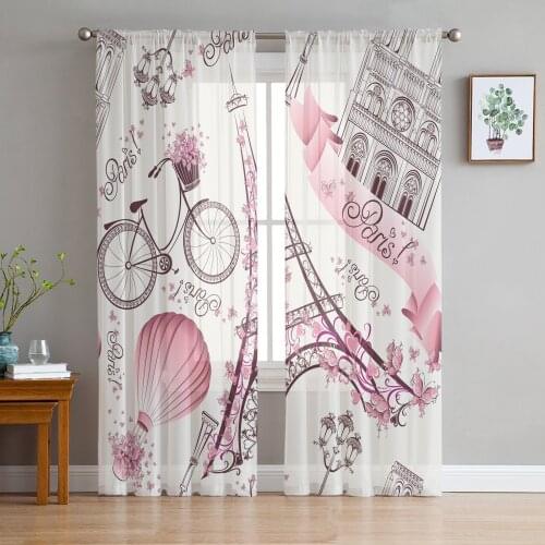 Paris Eiffel Tower Bicycle Flowers Window Tulle Curtains for Living Room Bedroom Hotel Luxury Decoration Sheer Curtains