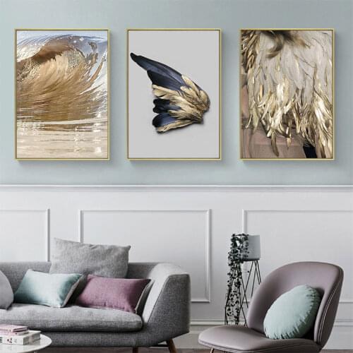 Luxury Golden Feather Wall Art Canvas Picture Posters and Prints Black and Gold Butterfly Wings Painting for Home Decor Unframed
