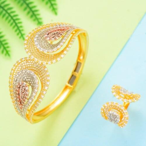 LARRAURI Luxury Cubic Zircon Crystal CZ Jewelry Sets For Women Wedding African Bridal Bangle Ring Set aretes de mujer modernos