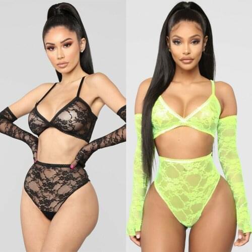 Sexy Lingerie Hot Womens Exotic Sets Lace Transparent Bralette Panty G-String Thong Gloves 3Pcs Sleepwear Underwear Nightwear