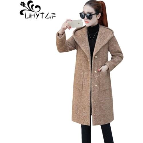UHYTGF Genuine autumn winter wool coat women hooded thick warm 3XL plus size coats Quality gold Mink Cashmere woolen jacket 622