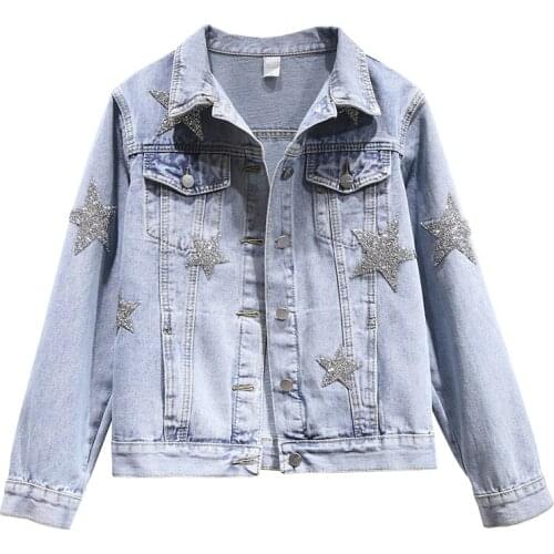 Womens Spring Autumn Long Sleeve Shiny Star Slim Short Blue Denim Jacket Female Elastic High Waist Plus Size Outwear TB420