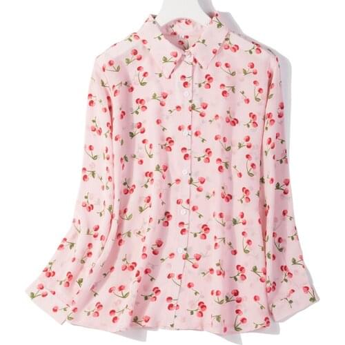 Women Summer Silk Blouse Long sleeve office wear casual natural silk blouses floral Cherry print real silk shirt tops