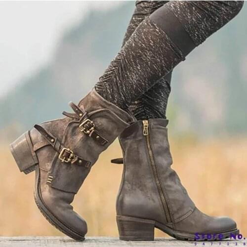 Punk Style Cross Buckle PU Leather Ankle Boots For Women Motorcycle Boots Chunky Heels Casual Shoes Round Toe Short Female Boot