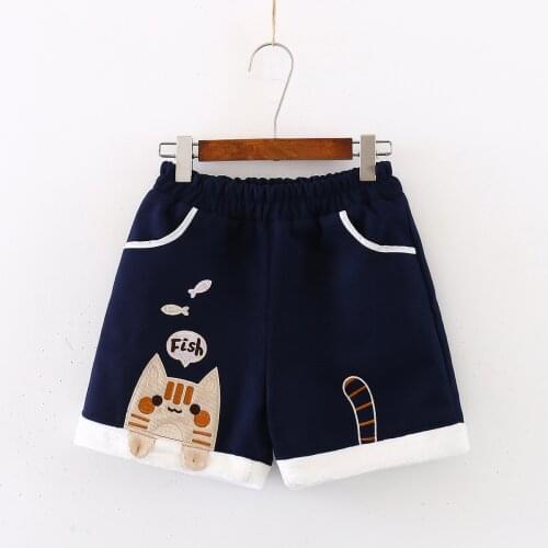 Sweet Cat Eat Fish Embroidery Womens Casual Woolen Shorts Elastic Waist Cashmere Shorts Color Black Gray Students