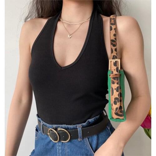 Sexy Y2k Halter V Neck Crop Tops Women Camis 2021 Summer Black Punk Gothic Ribbed Knitting Harajuku Aesthetic Cute Tank Top