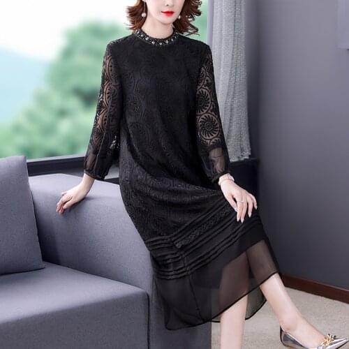 Spring Casual Lace Floral Embroidery 5XL Midi Dress Autumn Vintage Black Loose Dresses 2021 Women Elegant Bodycon Party Vestidos