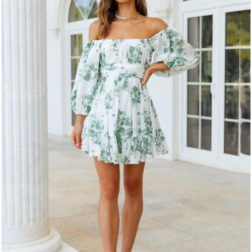 2021 New Summer Off Shoulder Floral Dress Women Boho Ruffle Flower Print Sundress Female Back Lace-up Holiday Party Dress Green