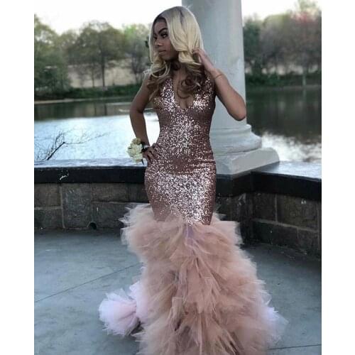 Vestido de gala Sexy Black Girls Mermaid Pink Prom Dresses 2019 Sequined African Ruffled Train Long Formal Evening Party Gowns