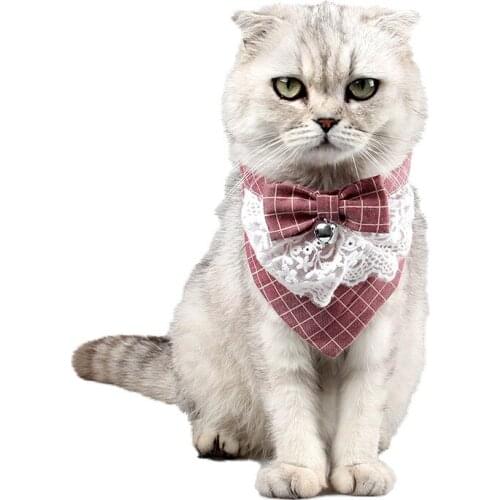 1PC British Style Checked Lace Bow Bell Pet Cats Dogs Tie Mouth Towel Bibs with Buckle Outdoor Walk Playing Supply Bowtie Collar