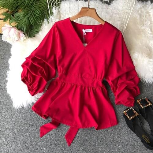 2019 Women New Fashion V-neck Slim Waist Fold Shirt Autumn Blusas Femininas Elegante Blouse Tops C719