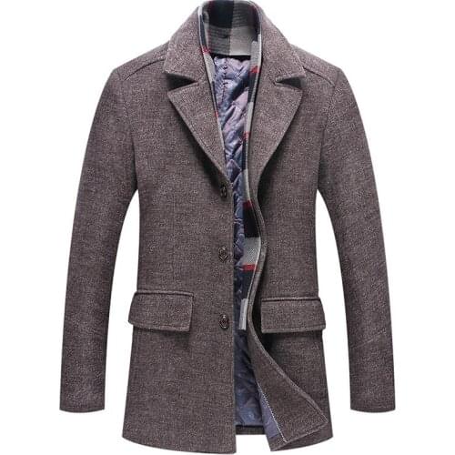 2021 Thick Mens Woolen Coat Trench Cashmere Coats Fashionable Lapel Scarf Collar Mid-Length Woolen Windbreaker Jacket Men Coat