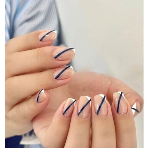 24Pcs/Set Fake Nails Blue Line Transparent Nude Glue Type Removable Short Paragraph Fashion Manicure DIY Nail Art Decoration