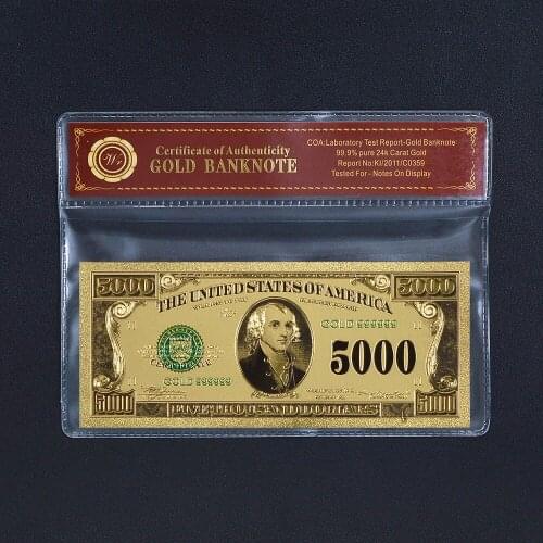 24k Gold Foil Bank Note US 5000 Dollar Colored Gold Plated Banknote Gift Best Souvenir