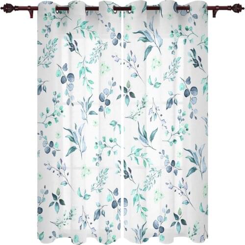 Watercolor Flowers And Leaves Blue Green Window Curtains Kitchen Bedroom Drapes Home Decor Luxury Curtains for Living Room
