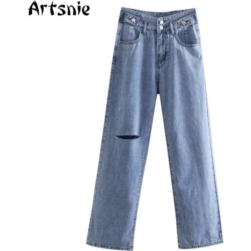Artsnie High Waist Denim Pants Women Summer 2021 Blue Casual Jeans Streetwear Hole Ripped Boyfriend Straight Long Pants Femme