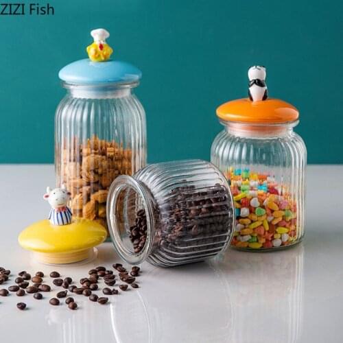 Candy Jar Cartoon Animal Decorative Glass Sealed Jar Spices Pot Storage Tea Caddies with Wood Cover Tea Caddy Grains Cans