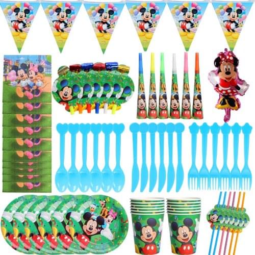 Disney Mickey Mouse Green Cartoon Characters Themes Disposable Cutlery Sets Paper Plates For Child Birthday Supplies Party Decor