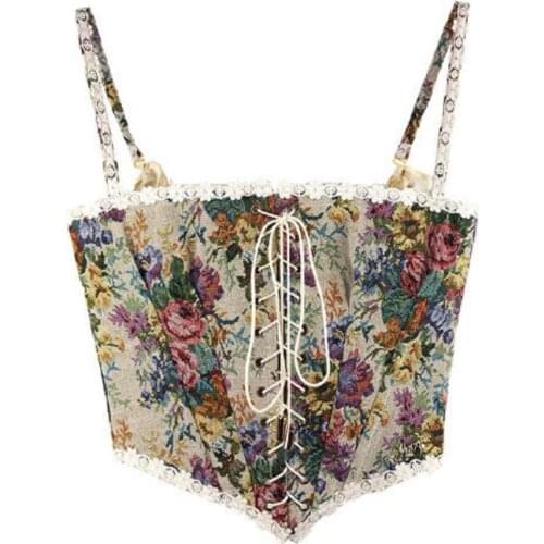 French Vintage Print Halter Tops Women Elegant Designer Chic Bandage Floral Corset Shirts Sexy Party Club Ladies Top 2021