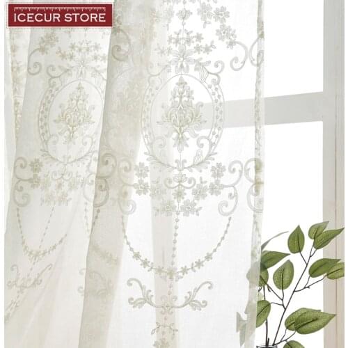 ICECUR Hot Sell Europe Style Embroidered White Tulle Curtains for Living Room Kids Bedroom Window Blinds Voile Tulle Drapes