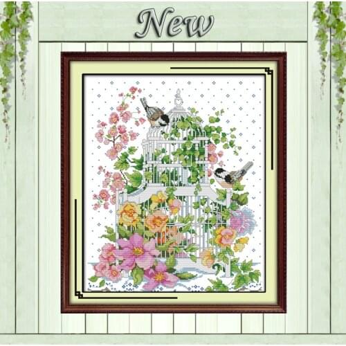 Caged birds flowers decor painting animal Counted Print on canvas DMC 14CT 11CT DIY Cross Stitch Needlework Kits Embroidery Sets