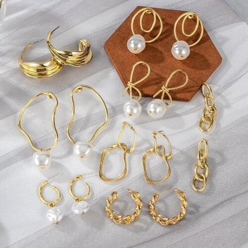 Fashion Vintage Pearl Acrylic Earrings For Women Gold Metal Geometric Statement Hanging Earrings 2021 Trend Female Party Jewelry