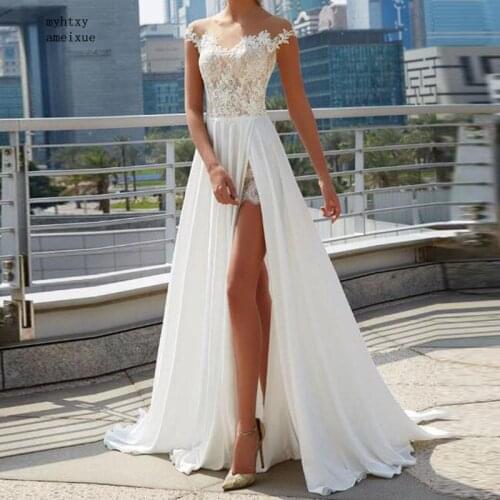 Cheap Beach Wedding Dresses 2020 Robe Mariage Vintage Lace Top Elegant Women Ivory Bridal Dress Side Split Boho Wedding Gown