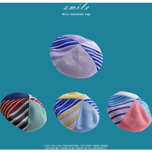 2021 New Summer Berets Girl Beret French Artist Hand Knitted Beanie Hat Cap Vintage Patchwork Elegant Women Caps