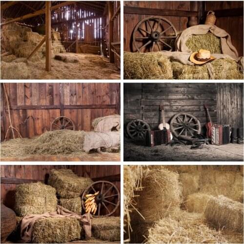 Autumn Old Wooden Warehouse Rural Farm Haystack Wood Wheel Party Baby Portrait Photocall Photo Background Photography Backdrop