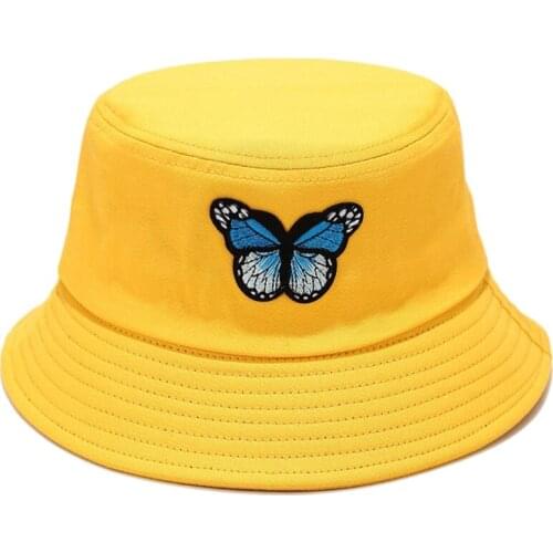Butterfly Embroidery Bucket Hat Harajuku Candy Color Cotton Panama Fisherman Cap 50JB