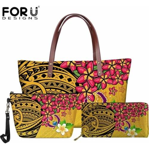 Pohnpei Tribal Plumeria 3D Print Female Shoulder Bag and Wallet Set Colorful Flowers Large Capacity Hand Bags Ladies Purse