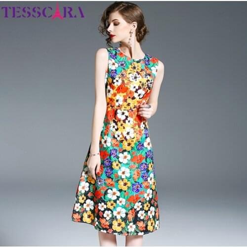 TESSCARA Women Luxury Beading Dress Festa High Quality Vintage Floral Party Robe Femme Elegant Designer Sleeveless Vestidos