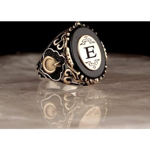Personalized Letter Crescent Onyx Gemstone 925 Sterling Mens Silver Ring